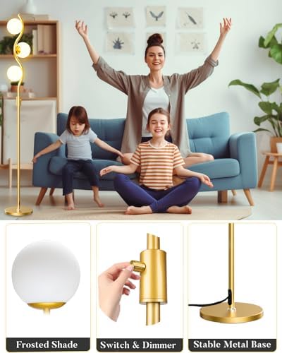 60IN Dimmable Gold Globe Floor Lamp, Modern Standing Lamps with 3 Soft Warm White 3000K Bulbs, Mid Century Floor Lamp with 5Lbs Heavy Base for Living Room Bedroom Home Decor