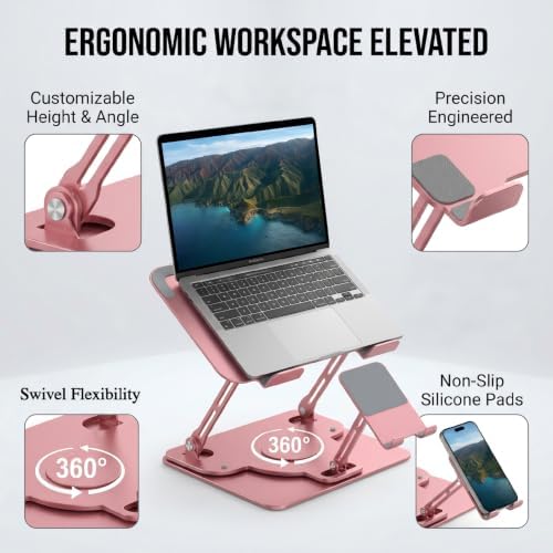 Laptop Stand for Desk,Adjustable Computer Stand with 360° Rotating Base,2-in-1 Laptop Stands with Phone Holder,Ergonomic Laptop Riser for Collaborative Work,fits for All 10-16" Laptops (Pink)