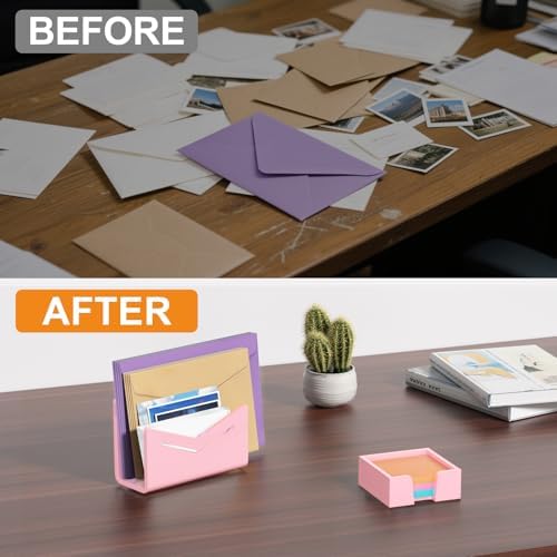 Beego Envelope and Mail Organizer Countertop - Pink Acrylic Desk Organizer Letter Holder Desktop File Sorter Bill Document Folder Rack for Office, Home, School Desk Organization