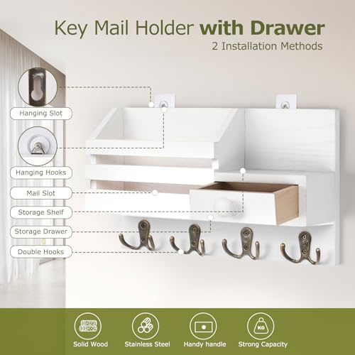 Key Holder Wall Mount, Wooden Key and Mail Organizer, White