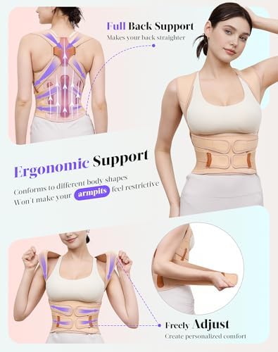 Posture Corrector for Women and Men, Full Back Support Brace, Beige, Large