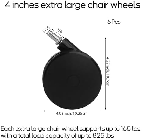 6 Pcs 4'' Extra Large Chair Wheels, Heavy Duty Office Twin Chair Casters Replacement 7/16 x 7/8 Grip Ring for Furniture Hardwood Floor Computer Desks