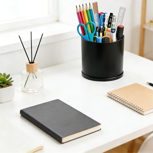 Yieach 360 Rotating Acrylic Black Pen Holders and Pencil Cups for Desk,Small Cute Desk Organizers Accessories and Makeup Brush Holder,Spinning Pencil Caddy School Supplies Organizer for Teacher,1PCS