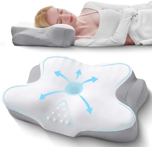 BDEUS Cervical Neck Pillow for Sleeping – Ergonomic Memory Foam Pillow with Massage Nodes for Neck Pain Relief, Side Sleeper & Back Support, CertiPUR-US Certified, White