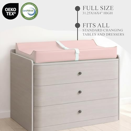 Vegan Leather Contoured Baby Changing Pad | Waterproof & Wipe-Clean PU Leather Diaper Change Mat, Soft, Wipeable Cover, Safety Strap, Non-Slip Bottom, Topper for Standard Infant Diaper Table & Dresser