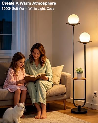 Lightdot 63IN Black Floor Lamp, U-Shape 2 Globe Mid Century Standing Lamps Dimmable with 3000K Warm White LED Bulbs, Unique Vintage Tall Floor Lamp for Living Room/Wedding/Party
