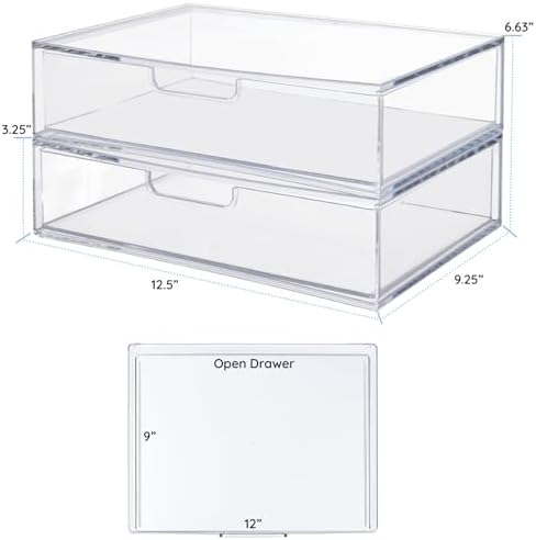 STORi STAX Plastic Stackable Organizer Drawers (Set of 2) Clear | 12.5" Wide | Set Includes Two Open Drawer | Organize Office Desk Accessories & Sort Paper | Made in USA (Pack of 2)