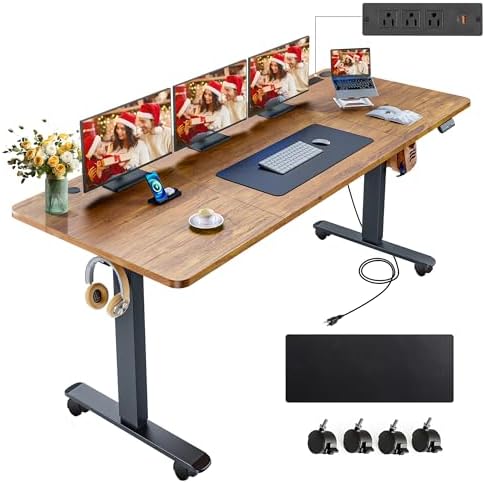 farexon Electric Standing Desk 71 x 28in with Outlets,Rolling Stand up Desk with Oversized Mouse Pad, Wheels,3 USB Ports & 3 Power Outlets,4 Preset Heights Easy to Set for Home Office(Brown)