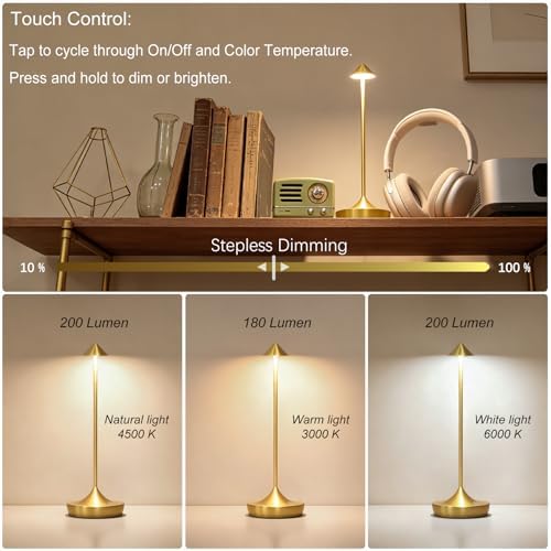 Cordless Rechargeable LED Table Lamp Set of 2, Gold