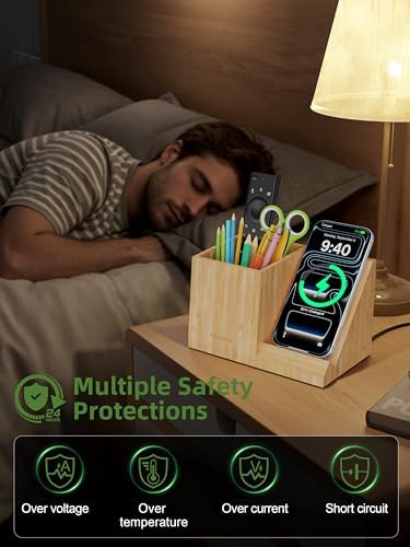 Bamboo Pen Holder for Desk with Wireless Charger, Desktop Organizer