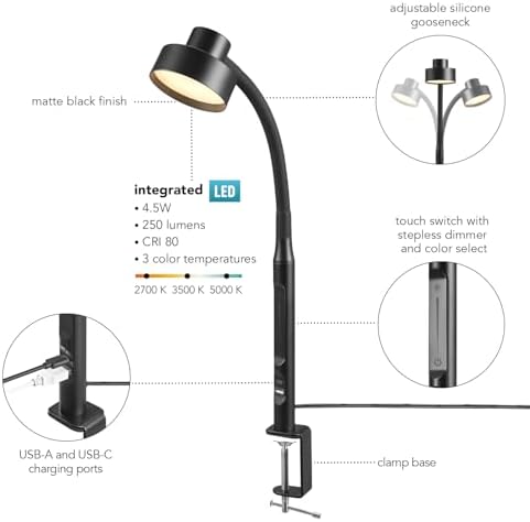 Globe Electric 15" LED Integrated Matte Black Clamp Desk Lamp with Adjustable Silicone Gooseneck