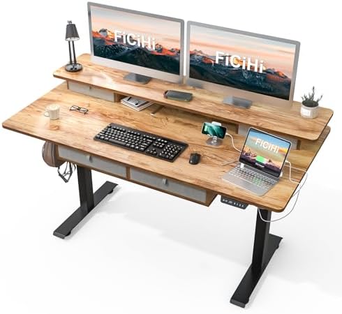 FiCiHi 55x30Inch Standing Desk with Drawers,Electric Height Adjustable Desk