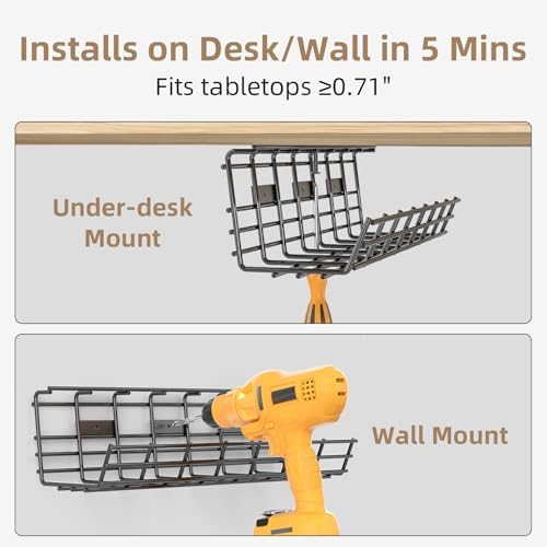 2 Pack DELAMU Under Desk Cable Management Tray, Large Metal Cord Organizer, Office & Home Cord Wire Management Under Desk Shelf, Easy Install Pre-drilled Cable Organizer, Black