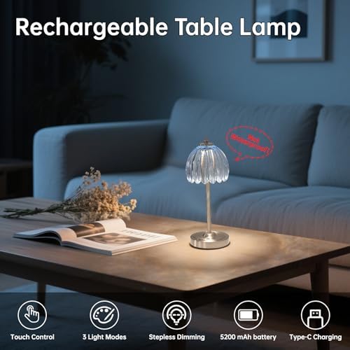 Shenmoyl Rechargeable Table Lamp with 5200mAh Battery & Touch Control - 3 Adjustable Color Temperatures, Cordless Dimmable Table Light for Bedroom, Office Desk, Nightstand(Clear Light Blue,1 Pack)