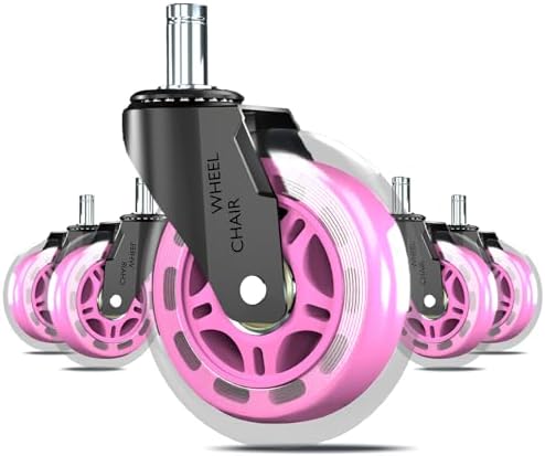 Pink Office Chair Wheels Replacement 3" Rubber Casters 7/16" Stem,Universal Fit Most Office Gaming Chairs,Smooth Quiet Rolling,Floor Protection for Hardwood Carpet Tile Floors,Set of 5