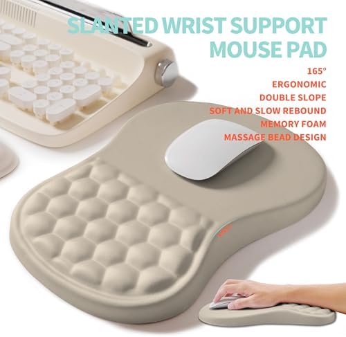 2-in-1 Ergonomic Set, Wave Rise Keyboard Wrist Rest and Massage Bulge Slope Mouse Pad Wrist Support, Cushion Memory Foam Integrated to Relieve Wrist Pain, Apricot