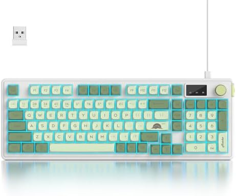 Fogruaden 96% Wireless Green Keyboard with Number Pad and Knob, Mechanical Feel, RGB Quiet Matcha Membrane Gaming Keyboard, Spill-Resistant, 3-Modes USB Rechargeable Silent Creamy Keyboard for Win/Mac
