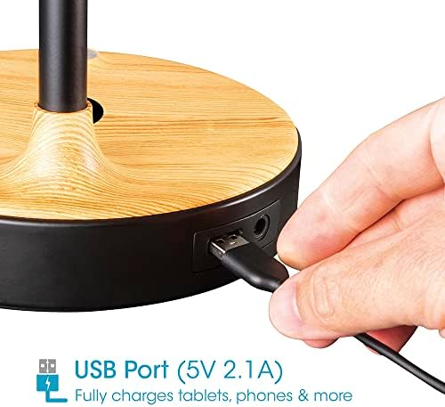 OttLite LED Table Lamp with Wireless Charging and USB, Black with Wood