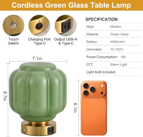 Rechargeable Table Lamp, Cordless Green Glass Bedside Lamp Small