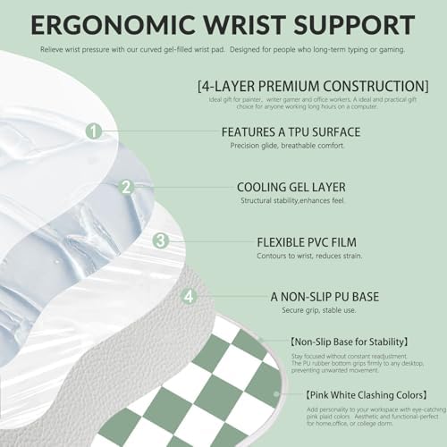 Gel Mouse Pad with Wrist Rest for Mouse Ergonomic Mouse Wrist Rest Non-Slip Silicone Checkered Mousepad with Wrist Support for Computer Desk Gaming Laptop Home Office Desk Accessories Green Plaid