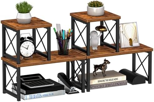 Honiter 2 Sets Desk Shelf, Desktop Organizer Shelf, 2 Tier Independent Stackable Desktop Shelves, Desktop Office Storage Rack Display Shelf