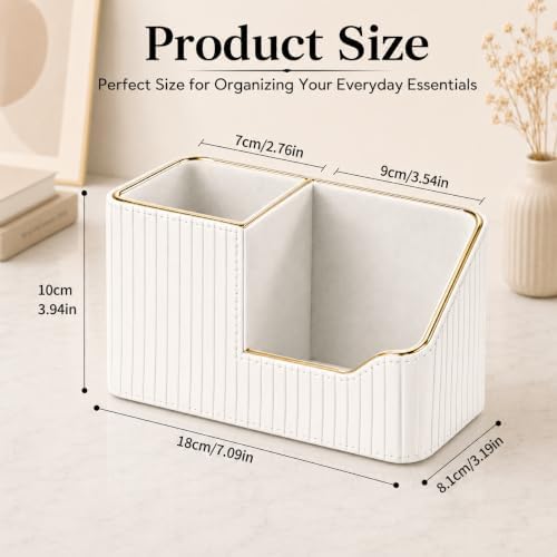 KINGFOM Luxury PU Leather Desk Organizer for Office Accessories, Aesthetic Pen Holder for Desk, Modern Desktop Storage Organizer for Home Office Supplies Cream White with Gold Trim