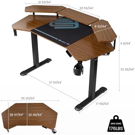 EUREKA ERGONOMIC Aero 55 Inch W Shaped Electric Standing Desk, Height Adjustable Computer Gaming Desk with LED Monitor Shelf, Mouse Pad, Headphone Hook, Cup Holder, Dark Walnut