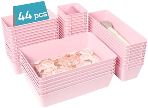 Vtopmart 44 PCS Plastic Drawer Organizers Set, Vanity Organizer Trays, Pink
