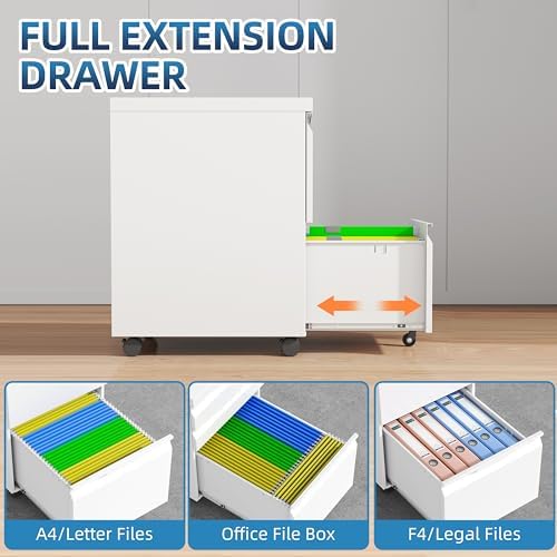 File Cabinet with Lock, 2 Drawer Mobile File Cabinet with Wheels, Metal Vertical File Cabinets for Home Office, Rolling Filing Cabinets Under Desk Storage for Letter/Legal/A4 Files