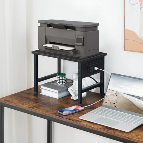 HOOBRO Printer Stand for Desk, Desktop Printer Stand with Charging Station, Small Printer Table with Storage Hook, Under Desk Printer Cart, File Rack for Home Office, Black BB01UPS01
