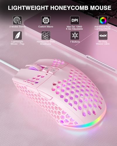SOLAKAKA SM900 Wired Gaming Mouse with Honeycomb Shell,12800 DPI,7 Programmable Buttons,Lightweight Gaming Mice Ergonomic Computer Mouse Gaming for Windows/PC/Mac/Laptop Gamer (Pink)
