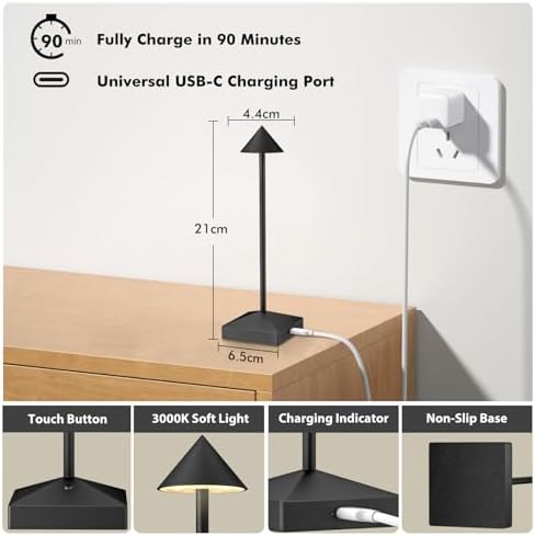 3 Pack Small Black Rechargeable Cordless Table Lamps Dimmable