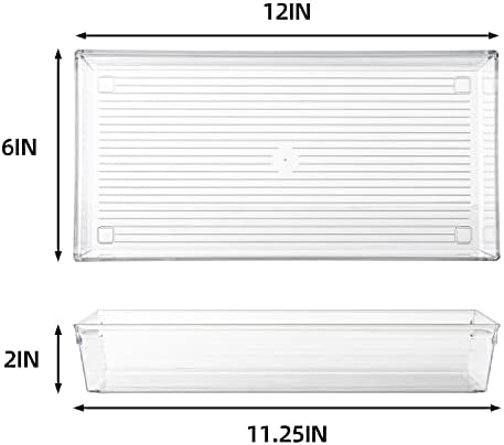4 Pack 12"x 6" Large Size Clear Plastic Desk Drawer Organizer Tray Bathroom Office Kitchen Utensils Silverware Gadgets Dividers Desk Drawer Storage Bins Container for Dresser Cosmetic Makeup