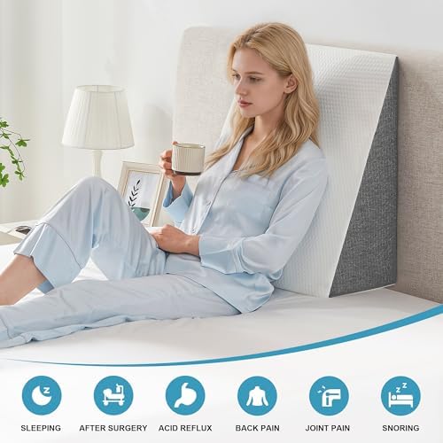 Yojoker Wedge Pillow for Sleeping - Bed Wedge Pillow for Headboard, High Density Foam Triangle Pillow for Elevated Sleeping, Snoring, Post Surgery Support, Back & Leg Elevation, White Grey, 7.5 Inch