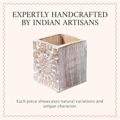 Mela Artisans Ajenta Mango Wood Pen Holder - Whitewash