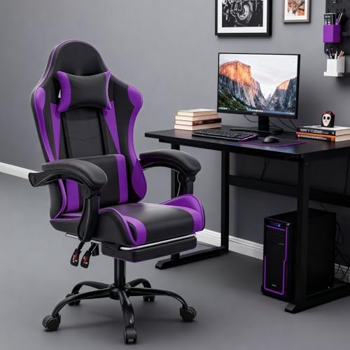 MoNiBloom Gaming Chair, Footrest & Lumbar Support, Height Adjust, Purple