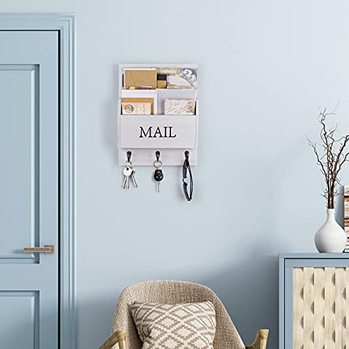 DLQuarts Solid Wood Mail Organizer with Key Holder for Wall, Mail Sorter Wall Mounted, Decorative Wooden Key and Mail Holder with 3 Hooks, Soft White