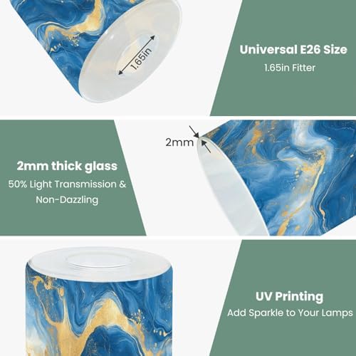 2 Pack Cylinder Glass Lamp Shade Flowing Blue Waves Gold Accents Marbled Texture Dynamic Movement Covers with 1-5/8" Fitter Opening Light Fixture Replacement for Table Lamp Bathroom Vanity Lights