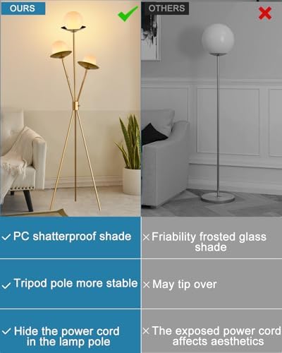 3 Globe Dimmable Tripod Floor Lamp, Mid Century Floor Lamps with 3Pcs 3000K Bulbs Included, Modern Gold Tall Lamp for Living Room Bedroom Home Office Sofa Beside Corner Decor