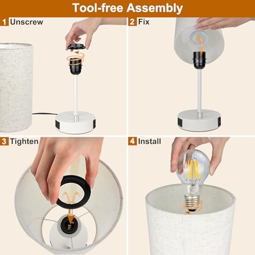 LTBLIGHT Table Lamp 3-Way Dimmable with USB+Outlet White Base Fabric Shade
