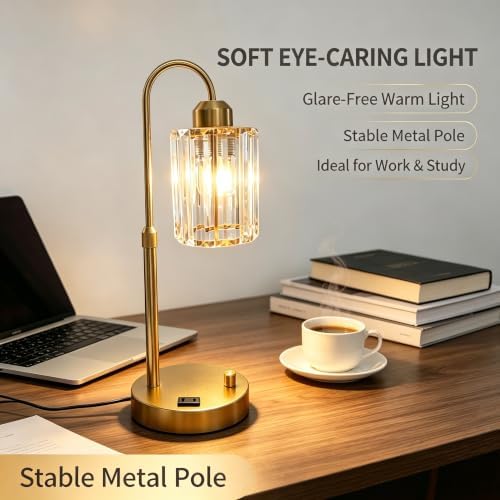 Gold Crystal Table Lamp, Adjustable Height Dimmable Desk Lamp with USB Charging Port and AC Outlet, Polished Metal Base for Bedroom Living Room