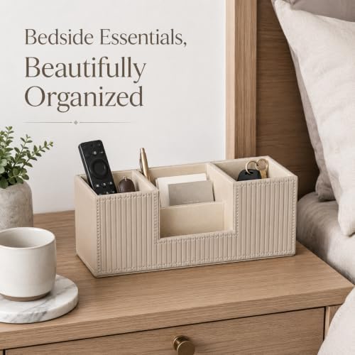 GORESE Pen Holder for Desk, Leather Small Desk Organizer for Office, Beige