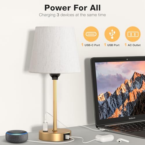 Gold Bedside Lamps Set 2 for Bedroom - Dimmable Touch, USB C+A, AC Outlet