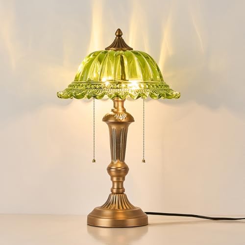 HDDFL Glass Shade Table Lamp Vintage Metal Desk Lamp 2 Lights Table Light with Plug Switch for Bedroom Living Room Home Office Brass and Green