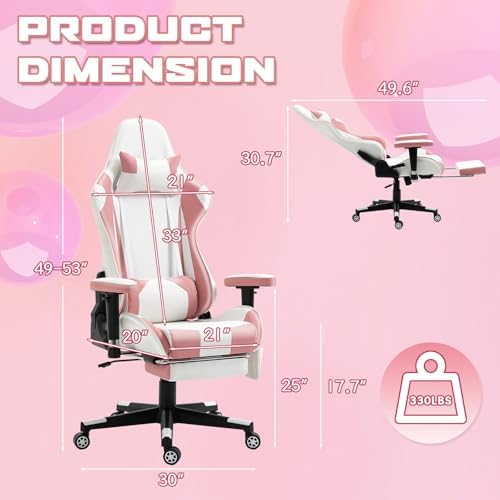 Pink-White Ergonomic High Back Massage Gaming Chair with Footrest