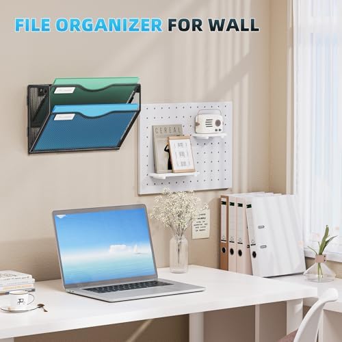 Marbrasse Wall File Holder 2-Tier Hanging Wall File Organizer, Mesh Mail Holder for Papers, Wall Mount File Clipboard & Magazine Organizer Great for Office Home - 2P