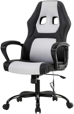 PayLessHere Gaming Chair Office Chair with Support Adjustable Ergonomic Pu Leather Racing Lumbar Massage Headrest Armrest Task 360° Swivel Computer Chair for Women Men Adults，White