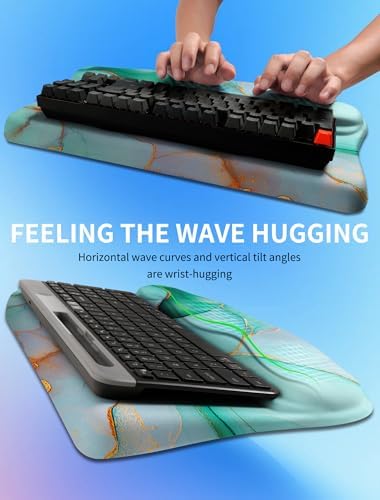 Ergonomic Wave Wrist Rest with Keyboard Stand, Cushioned Palm Rest, Comfortable Integrated Memory Foam for Natural Typing and Relieve Wrist Pain, Green Gold Marble