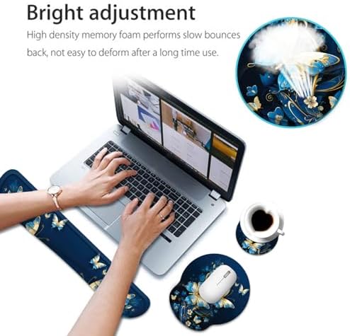 Keyboard Wrist Rest and Mouse Pad Wrist Support Set with Coaster,Ergonomic Mouse Pad,Comfortable for Easy Typing, Pain Relief,Memory Foam Keyboard Pad Set for Laptop Mac,Gold Butterflies