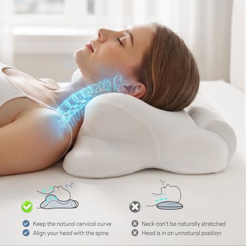 Sweetcrispy Cervical Pillow for Neck Pain, Ergonomic Contour Memory Foam Pillow with Detachable Roll Support, Cooling Breathable Cover for Side Back Stomach Sleepers, White